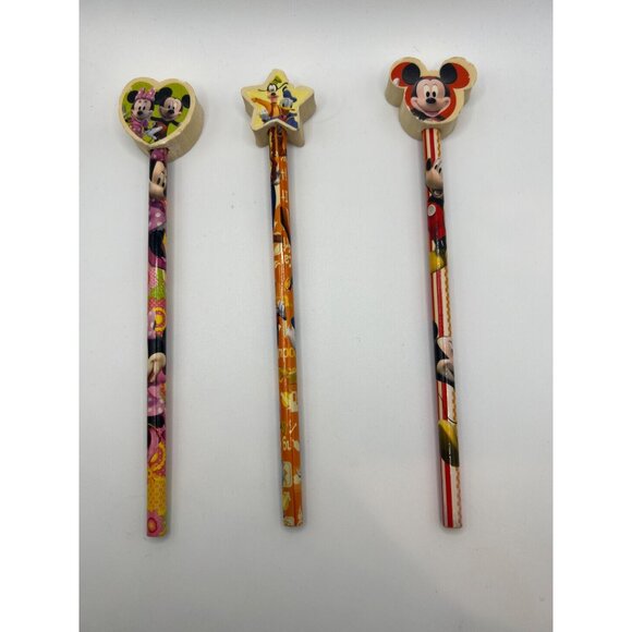 Set Of 3 VTG Disney Pencils W Eraser Toppers Mickey &‎ Minnie Mouse Donald Goofy - Picture 1 of 10